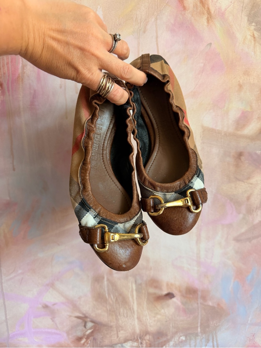 Burberry Brown Check Leather-Trim Ballet Flats